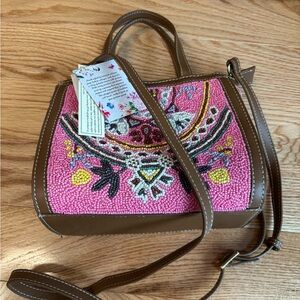 Elegant Pink and Brown Beaded Shoulder Bag